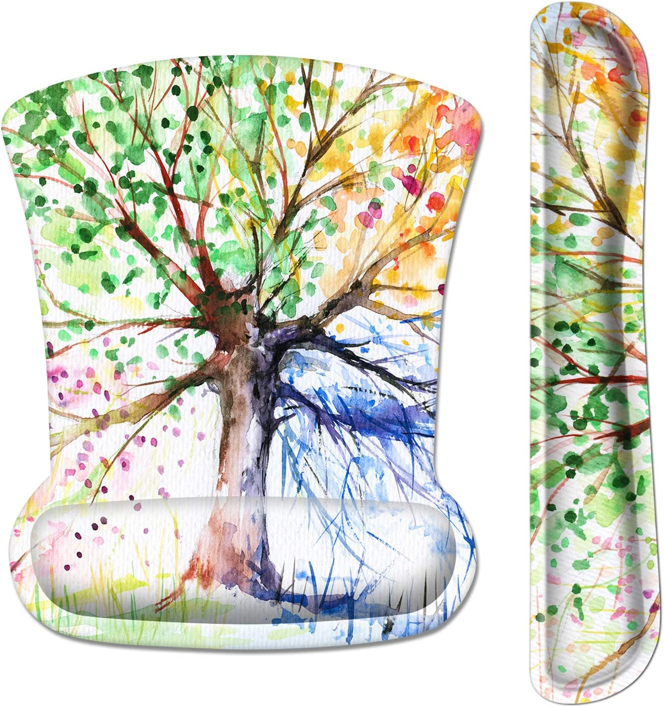 Ergonomic Mouse Pad with Wrist Rest Support and Keyboard Wrist Rest Pad, Cute Wrist Pad with Non-Slip Rubber Base and Raised Memory Foam, Easy Typing & Pain Relief, Four Seasons Tree