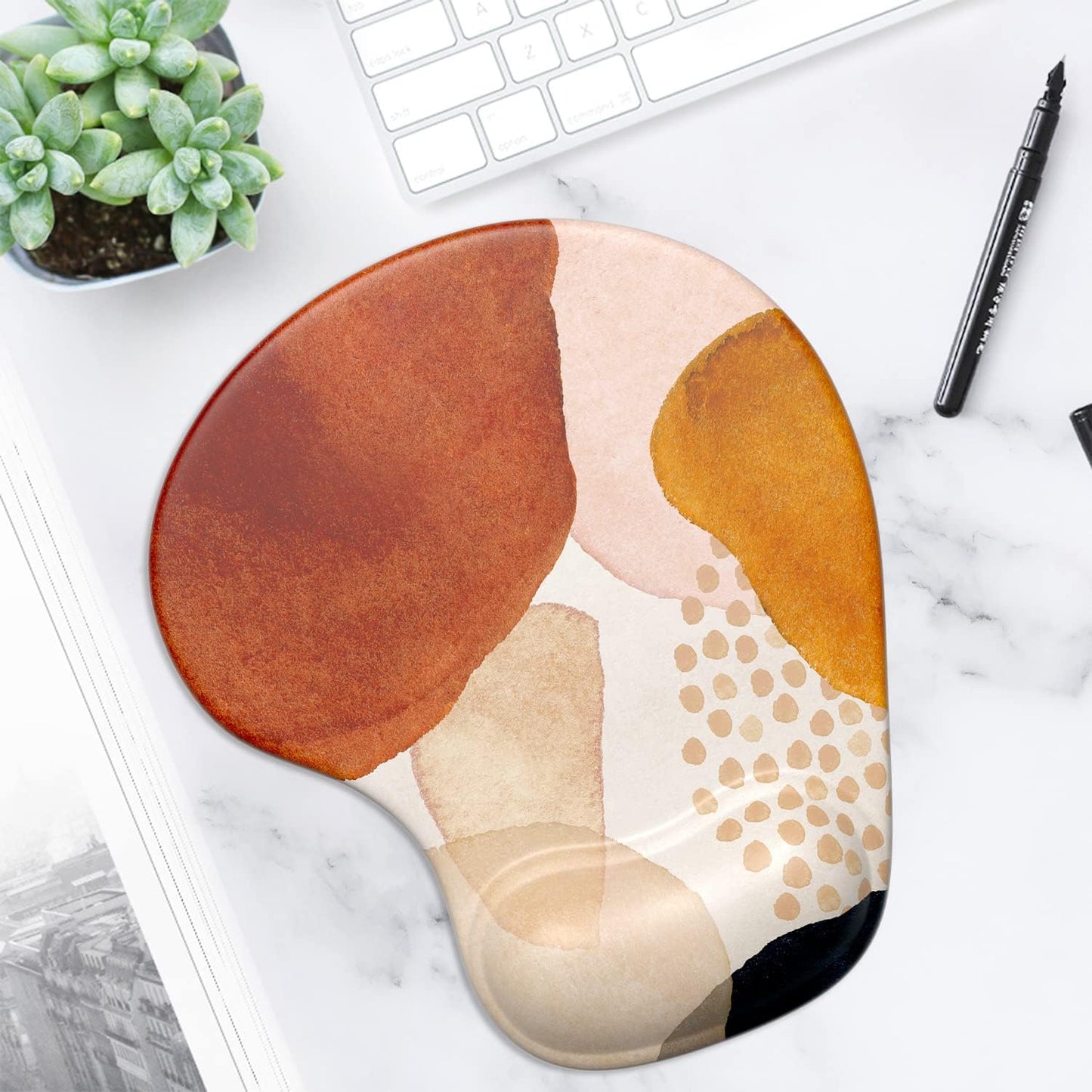 Ergonomic Mouse Pad with Gel Wrist Support Wrist Rest Smooth Surface Non-Slip PU Base Comfortable Office Supplies Pain Relief, 9.5 X 8 Inches, Abstract Art Style