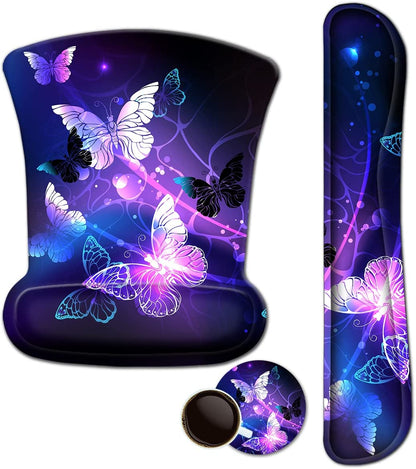 Mouse Pad with Wrist Support and Keyboard Wrist Rest Pad Set,Ergonomic Mouse Pads for Computers Laptop,Non-Slip Comfortable Mousepad W/Raised Memory Foam for Easy Typing & Pain Relief (Arts Butterfly)